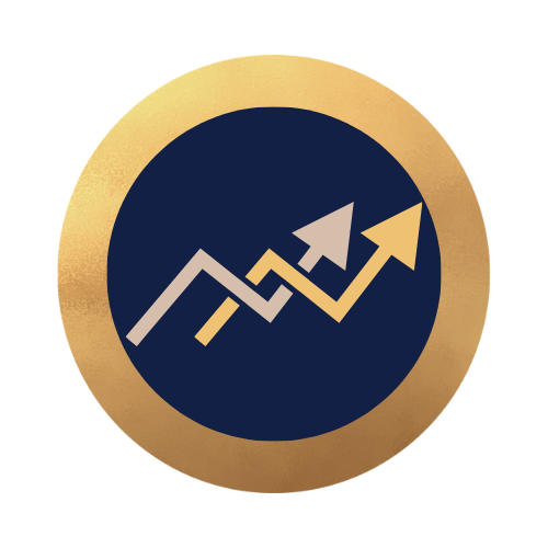 A circular emblem featuring an upward trend graph with two arrows in gold and gray on a dark blue background, framed by a golden border.