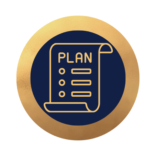 Icon of a scroll with the word 'PLAN' and bullet points, enclosed in a gold circular border.