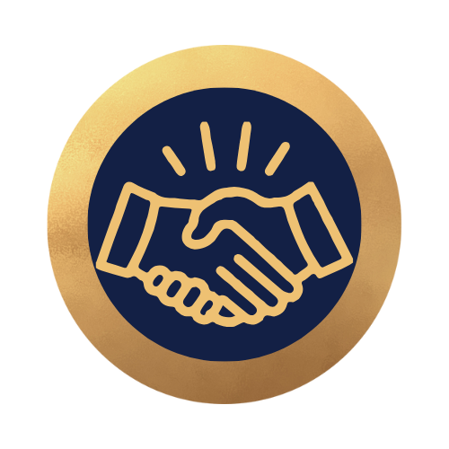 An icon featuring two hands shaking inside a circular design with a golden border, symbolizing partnership or agreement.